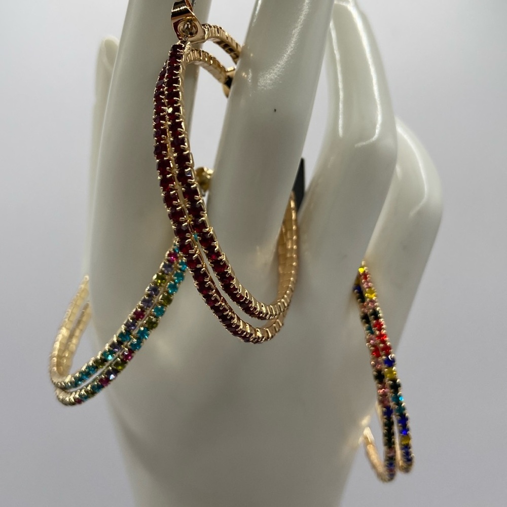 RJ Graziano Crystal Hoop Earrings Set of 3 Gold Tone Pierced 1 3/4” New